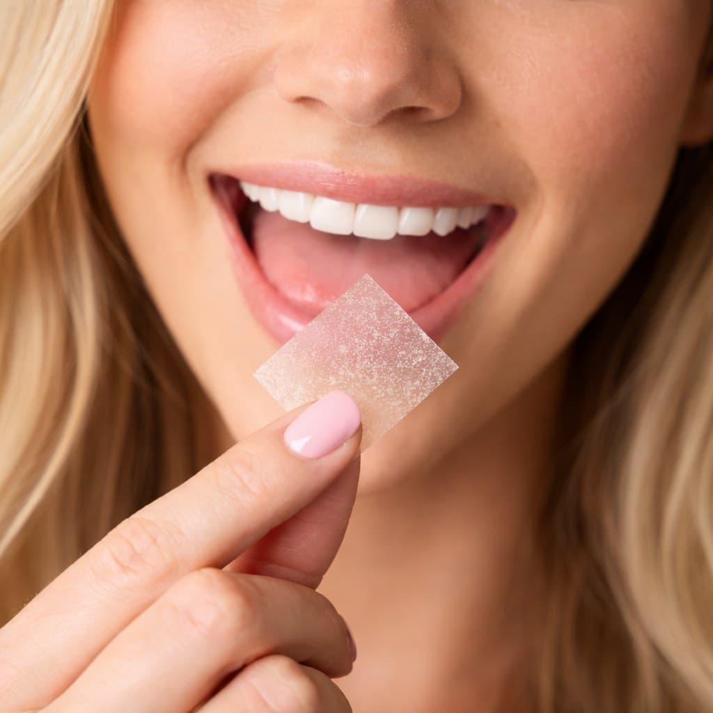Placing an InstaMed oral dissolving strip on the tongue